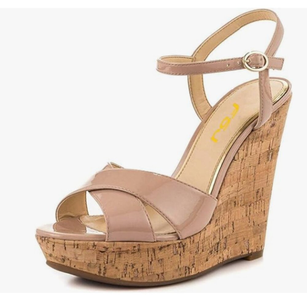 FSJ Nude Peep Toe Platform Sandals Cork Wedge High Heel Ankle Strap Summer Shoes